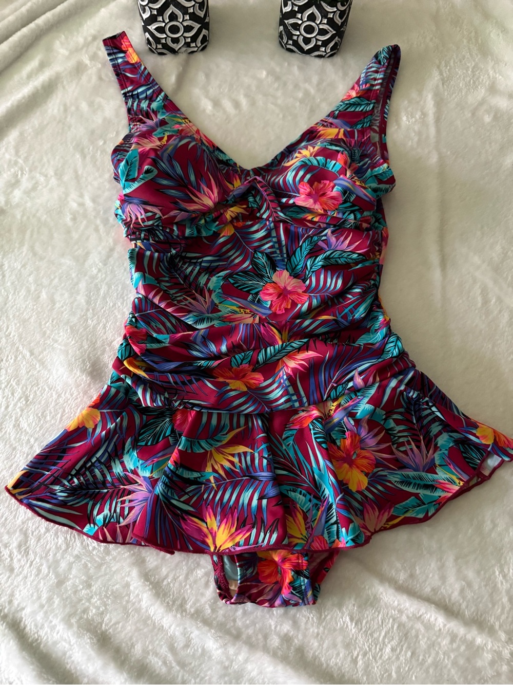 Shore Shapes Swimwear Neon Tropical Floral  Shirred 1pc Skirted Swimsuit 8